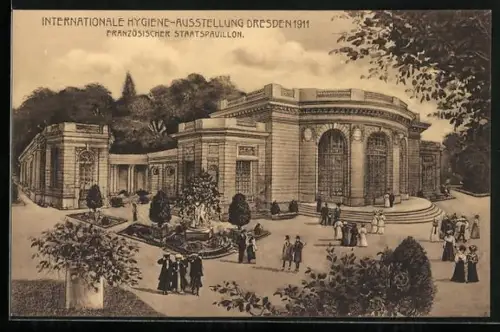 AK Dresden, Internationale Hygiene-Ausstellung 1911, Franz. Staatspavillon mit Gartenanlage
