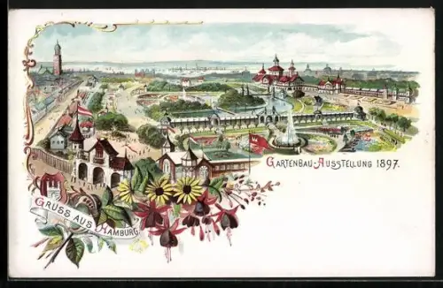 Lithographie Hamburg, Gartenbau-Ausstellung 1897, Ortspartie aus der Vogelschau