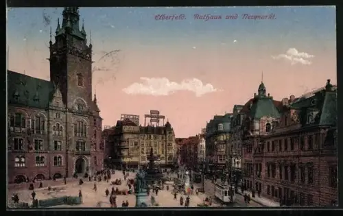 AK Elberfeld, Rathaus und Neumarkt, Strassenbahn
