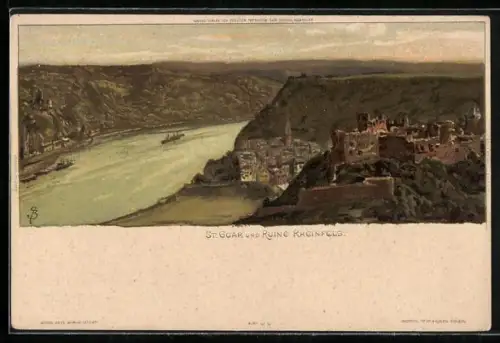 Künstler-AK St. Goar, Ort und Ruine Rheinfels