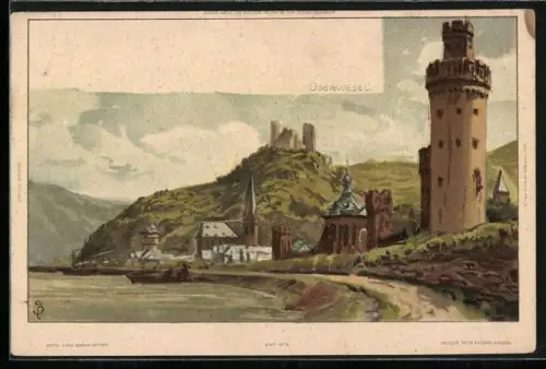 Künstler-AK Oberwesel, der Turm am Rheinufer