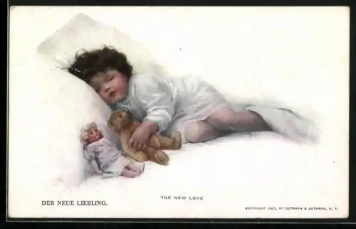AK Schlafendes Kind mit seinem Teddy und Puppe