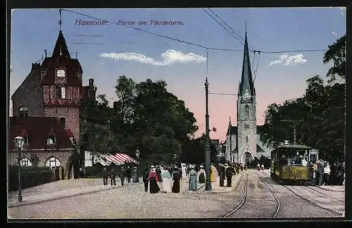 AK Hannover, Partie am Pferdeturm mit Strassenbahn