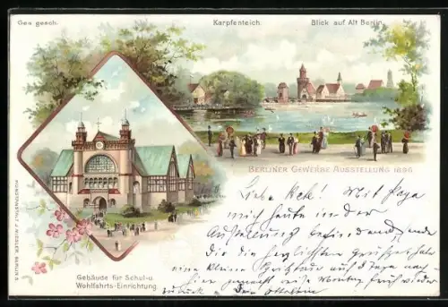 Lithographie Berlin, Gewerbe Ausstellung 1896, Karpfenteich, Gebäude für Schul- & Wohlfahrts-Einrichtung