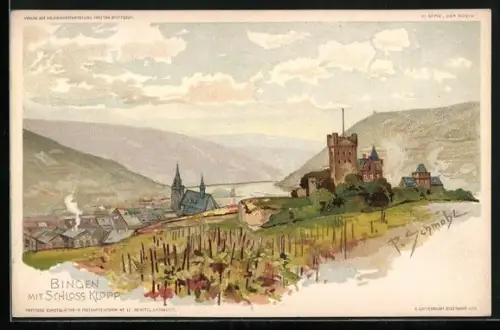 Künstler-AK P.Schmohl: Bingen, Ortsansicht mit Schloss Klopp