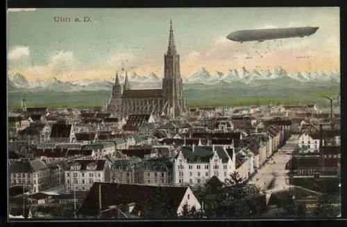 AK Ulm a. D., Ortsansicht mit Zeppelin
