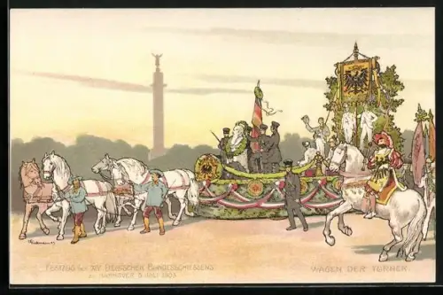 AK Hannover, Festzug d. XIV. Deutschen Bundesschiessens am 5.7.1903, Wagen der Turner