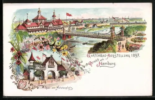 Lithographie Hamburg, Allgemeine Gartenbau-Ausstellung 1897, Thor am Holstenplatz