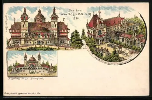 Lithographie Berlin, Gewerbe-Ausstellung 1896, Ausstellungspalast mit Hauptportal