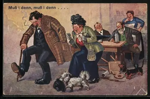 AK Betrunkener Mann wird von seiner wütenden Frau aus der Kneipe gejagt