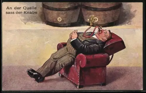 AK Zapfhahn im Mund eines Mannes, der auf einem roten Sessel liegt