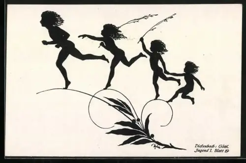 Künstler-AK Diefenbach: Schattenbild, Göttliche Jugend I, Blatt 19, Kinder tanzen über Pflanzen