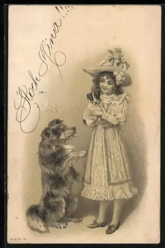 AK Fräulein mit einem kleinen und einem grossen Hund