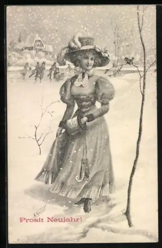 Künstler-AK Hübsche Dame mit Hut kommt gerade vom Schlittschuh laufen