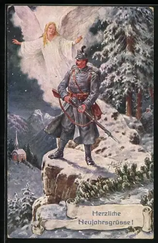 Künstler-AK Kränzle: Engel erscheint einem Soldaten, Neujahrsgruss