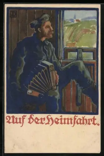 Künstler-AK Auf der Heimfahrt, Kriegsgefangener mit seinem Akkordeon in einem Zugabteil