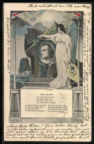 Künstler-AK Friedrich Schiller mit Engel und Gedicht von Karl Walleiser