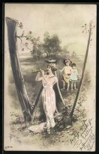 AK Buchstabe W, Frau im weissen Gewand musiziert auf der Fanfare