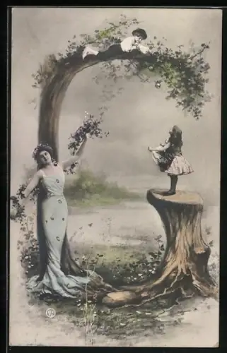 AK Frau und Kinder auf dem Buchstaben G