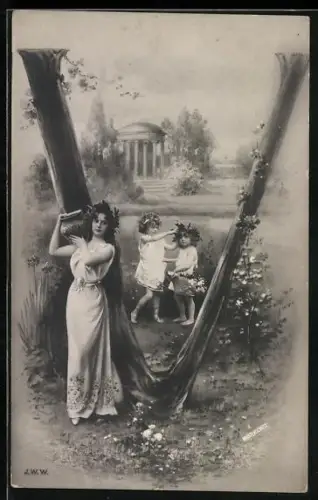AK Buchstabe V, Frau mit Krug und Kindern