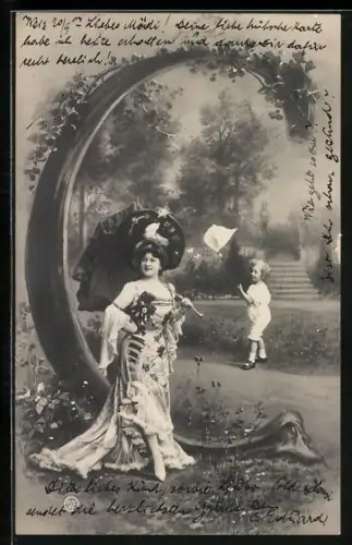 AK Buchstabe C, Junge mit Kescher, Frau mit Schirm