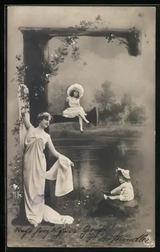 Foto-AK NPG NR: 195, Buchstabe F, Familie am See mit Blumen