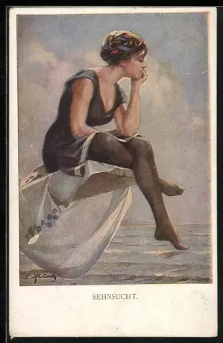 Künstler-AK M. Munk Nr. 1124: Sehnsucht, Mädchen in Badeanzug