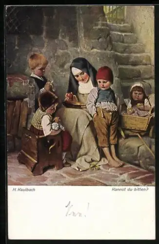 Künstler-AK Hermann Kaulbach: Kannst du bitten?, Nonne mit Äpfeln blickt neben ihr stehendes mürrisches Kind an