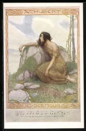 Künstler-AK Brüder Kohn (B.K.W.I) Nr. 979-1: Mädchen lehnt an einem Felsen und Vers des Schubertliedes Lied der Mignon