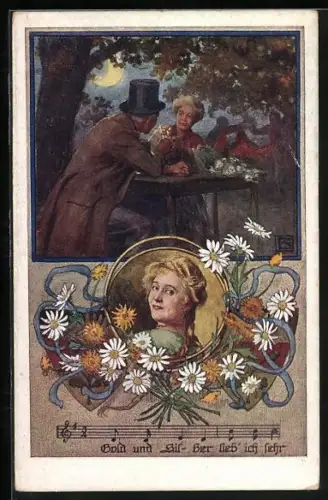 Künstler-AK Karl Friedrich Gsur, Deutscher Schulverein NR 1066: Ehepaar feiert goldene Hochzeit, Portrait junge Frau