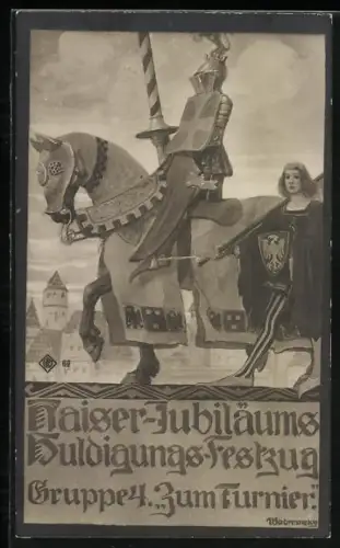 Künstler-AK Kaiser-Jubiläumshuldigungs-Festzug, Gruppe 4, Zum Turnier, Ritter und Knappe