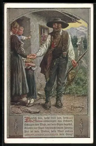 Künstler-AK Franz Kuderna, Deutscher Schulverein Nr. 801: Deutsch sein, heisst..., Bauer beim Abschied von der Familie