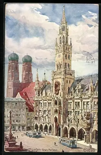 Künstler-AK Richard Wagner: München, Neues Rathaus und Strassenbahnen