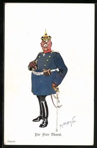 Künstler-AK Fritz Schönpflug: Alter Oberst in Uniform mit Pickelhaube
