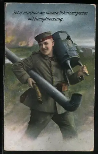AK Deutscher Soldat schleppt einen Ofen zum Schützengraben