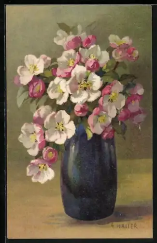 Künstler-AK Anna Haller: eine blaue Vase voller Blumen