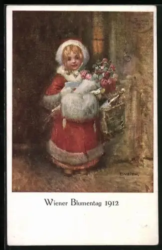 Künstler-AK Wien, Blumentag 1912, Mädchen mit Geschenken