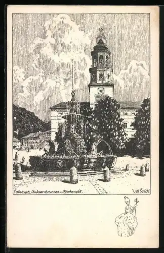 Künstler-AK Ulf Seidl: Salzburg, Residenzbrunnen und Glockenspiel