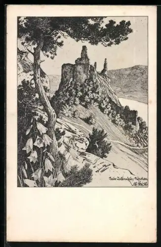Künstler-AK Ulf Seidl: Dürnstein, Blick zur Burgruine
