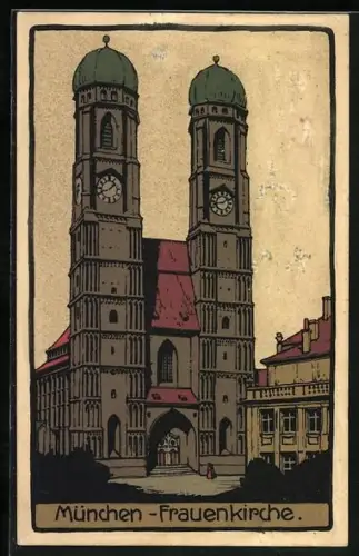 Steindruck-AK München, Frauenkirche mit Nachbargebäude