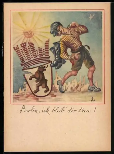 Künstler-AK Berlin, ick bleib` dir Treu!, junger Mann und Wappen
