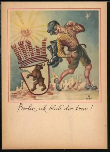 Künstler-AK Berlin, ick bleib` dir Treu!, junger Mann und Wappen