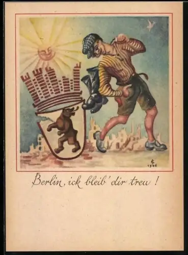 Künstler-AK Berlin, ick bleib` dir Treu!, junger Mann und Wappen
