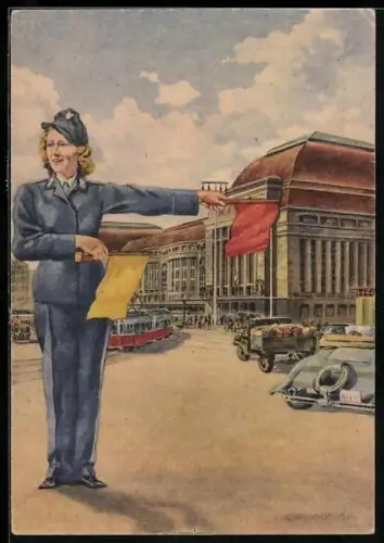 Künstler-AK Brabandt: Erste Leipziger Friedensmesse, die Schutzpolizistin regelt den Verkehr vor d. Bahnhof, Strassenbahn