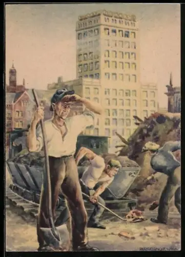 AK Arbeiter auf der ersten Leipziger Friedensmesse, DDR-Propaganda