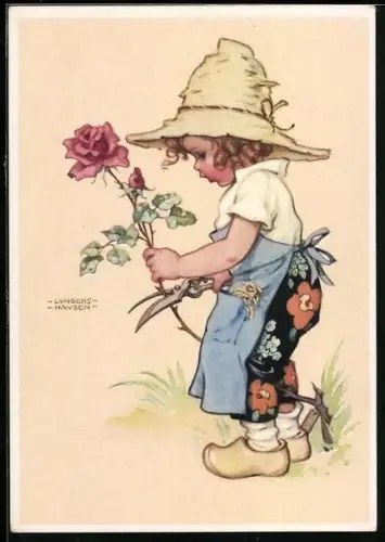 Künstler-AK Lungershausen: Kind mit Strohhutschneidet Rose mit Rosenschere