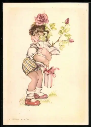 Künstler-AK Hilla Peyk: kleines Mädchen mit Rosen
