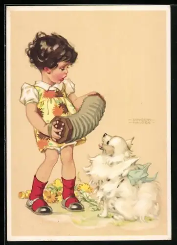 Künstler-AK Ilse Wende-Lungershausen: musizierendes Mädchen und Hund