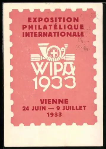 AK Vienne, Exposition Internationale Philatelique 1933, Briefmarkenförmiges Plakat mit Posthorn