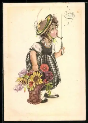 Künstler-AK Hilla Peyk: Mädchen mit Blumenkorb zieht an der Klingel